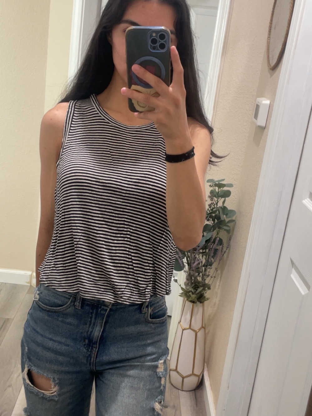 Love Tree Black and White Striped Sleeveless Tank